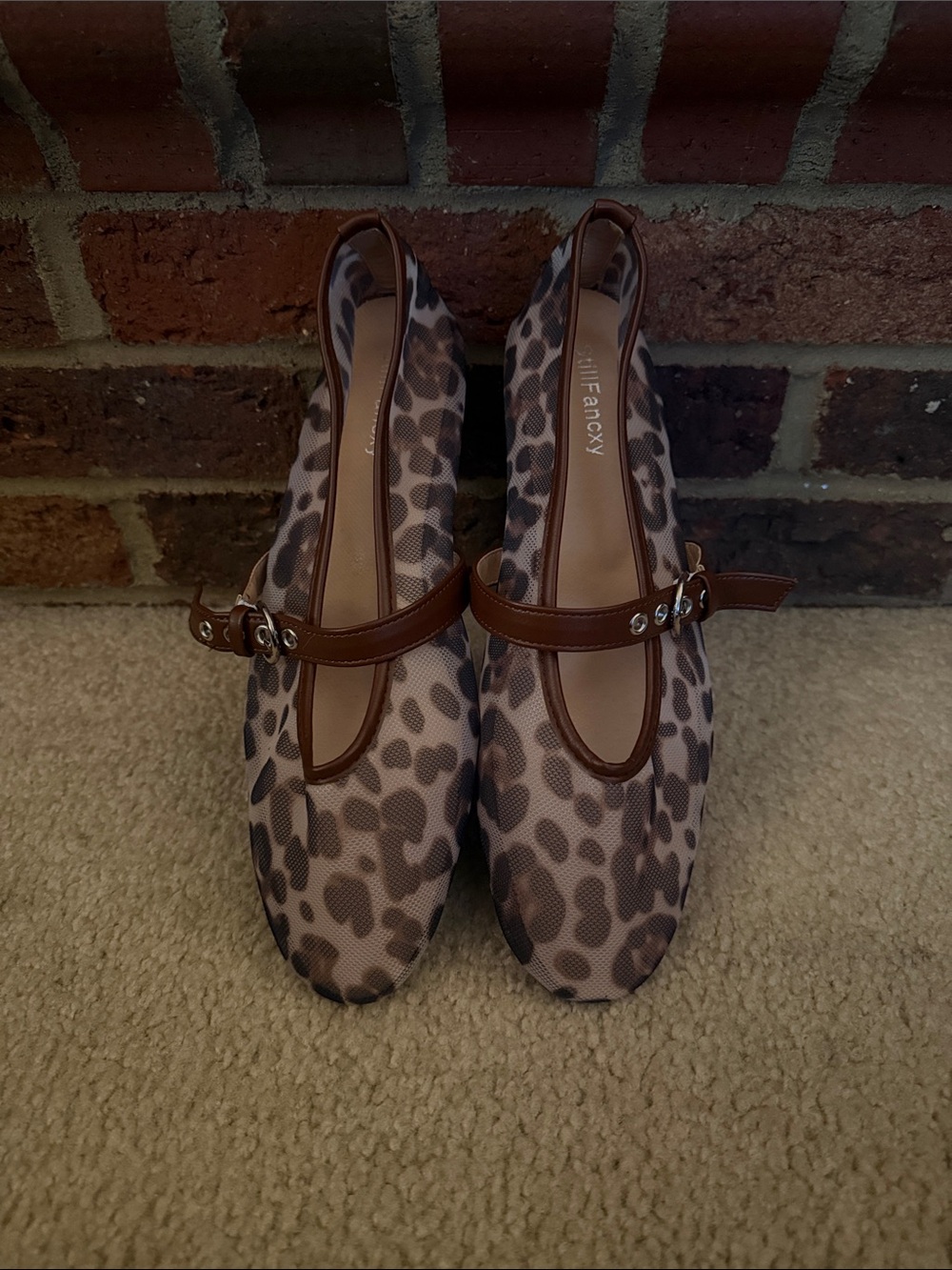 Leopard Print Mesh Mary Jane Flats in Brown